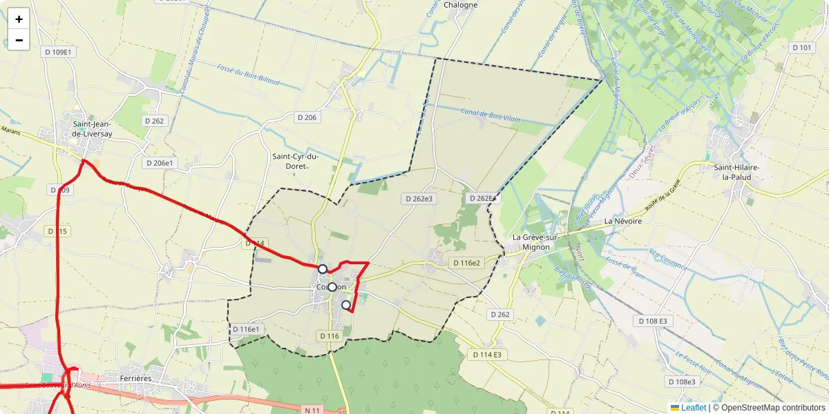 Carte du réseau de transport en commun à Courçon - lignes de bus et arrêts