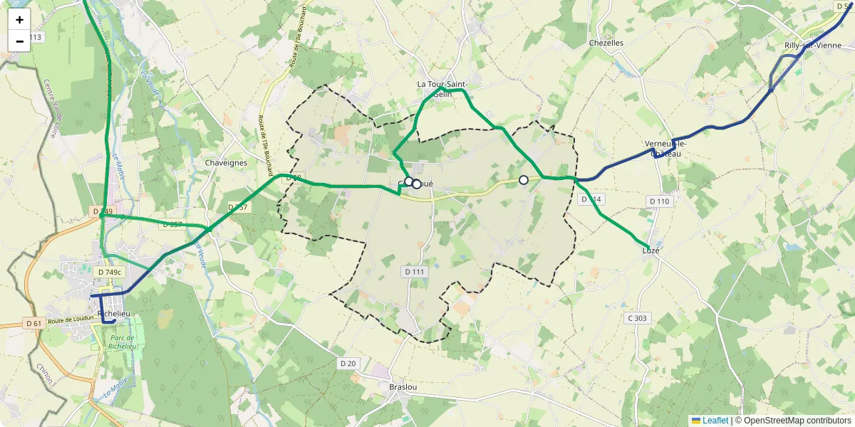 Carte du réseau de transport en commun à Courcoué - lignes de bus et arrêts