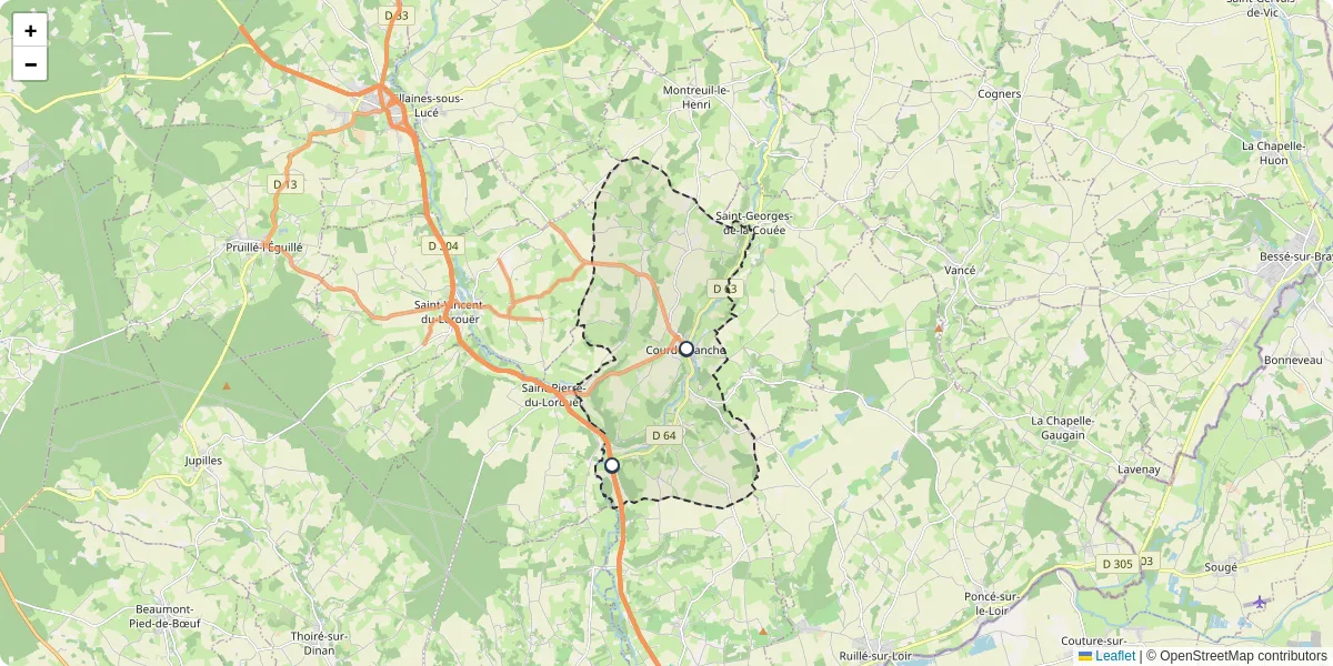 Carte du réseau de transport en commun à Courdemanche - lignes de bus et arrêts