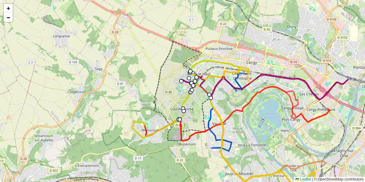 Carte du réseau de transport en commun à Courdimanche - lignes de bus et arrêts