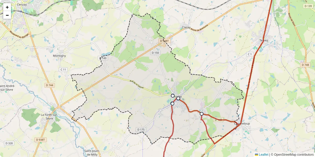 Carte du réseau de transport en commun à Courlay - lignes de bus et arrêts