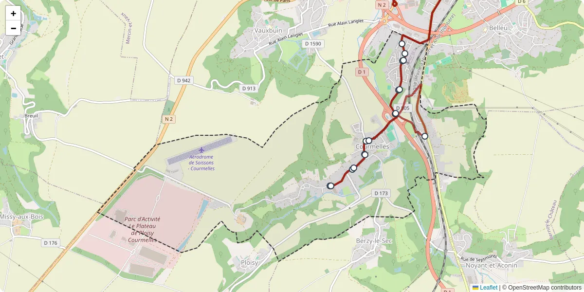 Carte du réseau de transport en commun à Courmelles - lignes de bus et arrêts