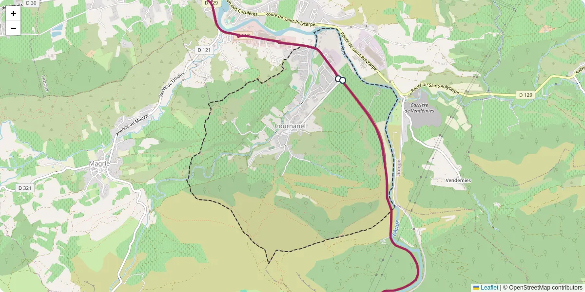 Carte du réseau de transport en commun à Cournanel - lignes de bus et arrêts
