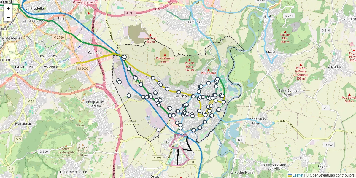 Carte du réseau de transport en commun à Cournon-d'Auvergne - lignes de bus et arrêts
