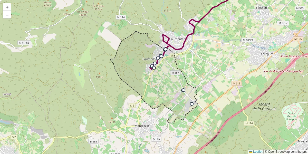 Carte du réseau de transport en commun à Cournonsec - lignes de bus et arrêts