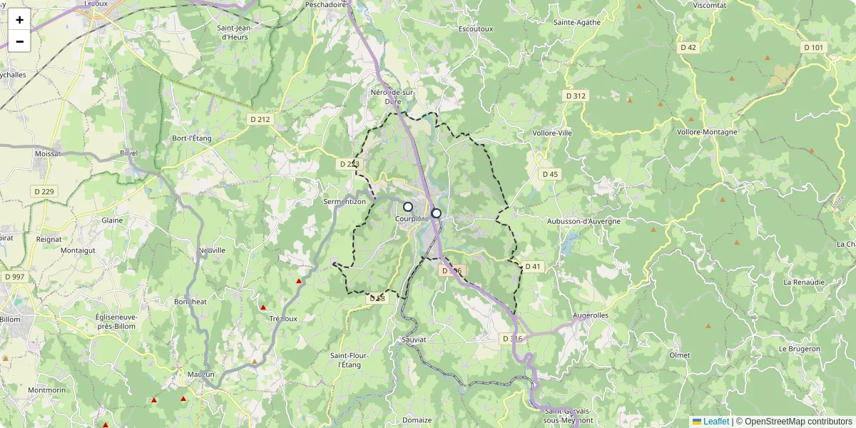 Carte du réseau de transport en commun à Courpière - lignes de bus et arrêts