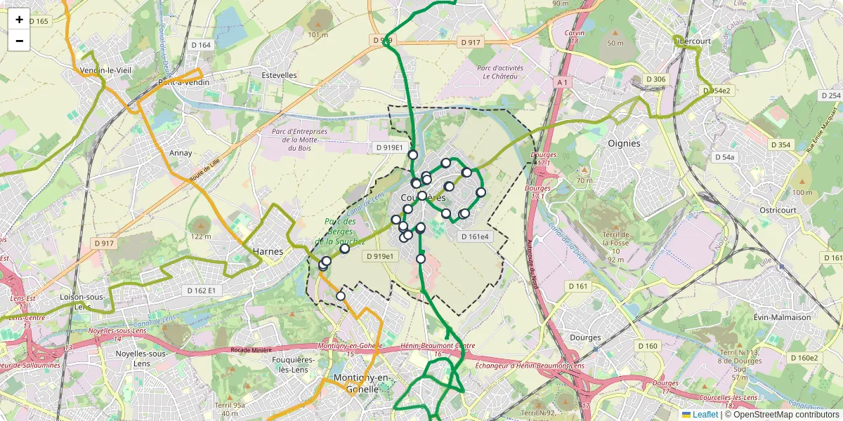 Carte du réseau de transport en commun à Courrières - lignes de bus et arrêts