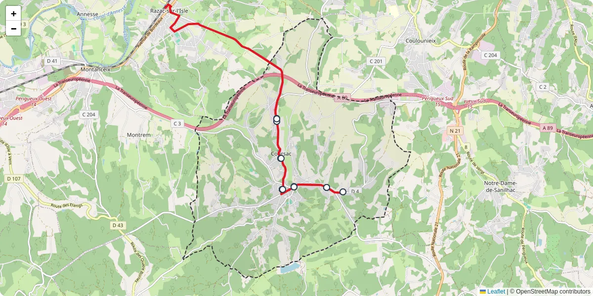 Carte du réseau de transport en commun à Coursac - lignes de bus et arrêts