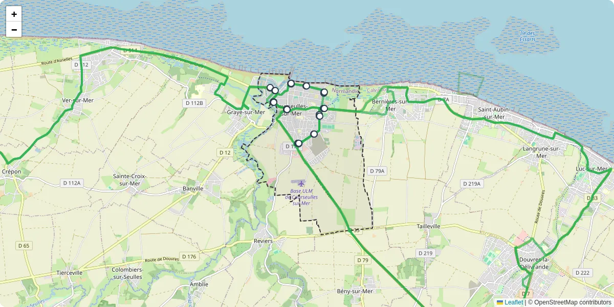 Carte du réseau de transport en commun à Courseulles-sur-Mer - lignes de bus et arrêts