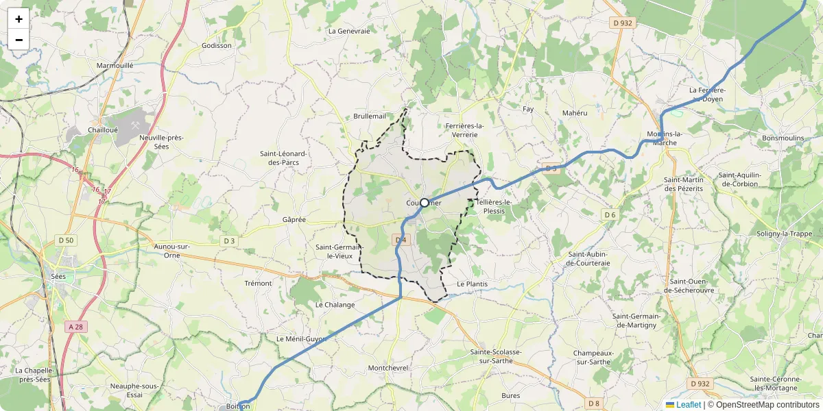 Carte du réseau de transport en commun à Courtomer - lignes de bus et arrêts