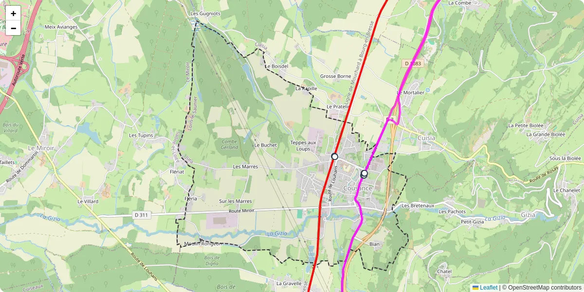 Carte du réseau de transport en commun à Cousance - lignes de bus et arrêts