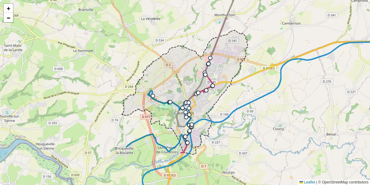 Carte du réseau de transport en commun à Coutances - lignes de bus et arrêts
