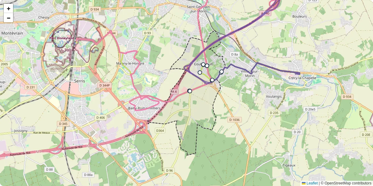 Carte du réseau de transport en commun à Coutevroult - lignes de bus et arrêts