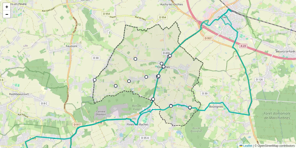 Carte du réseau de transport en commun à Coutiches - lignes de bus et arrêts