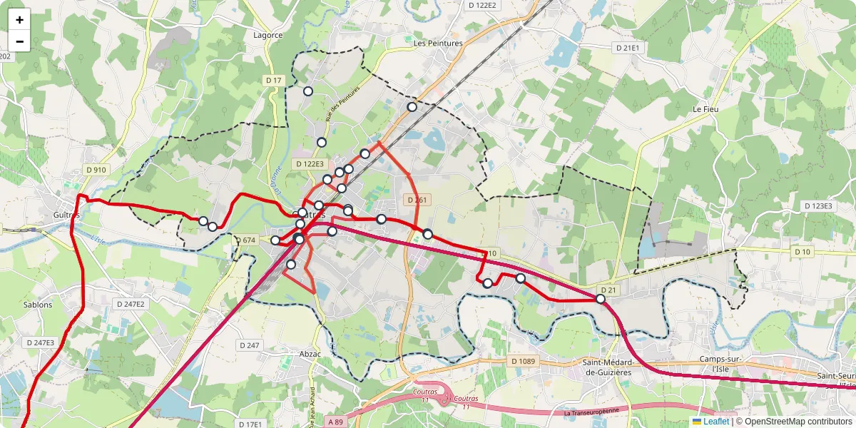 Carte du réseau de transport en commun à Coutras - lignes de bus et arrêts
