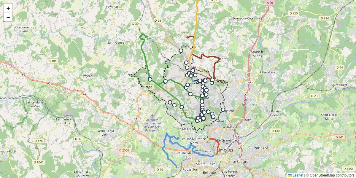Carte du réseau de transport en commun à Couzeix - lignes de bus et arrêts