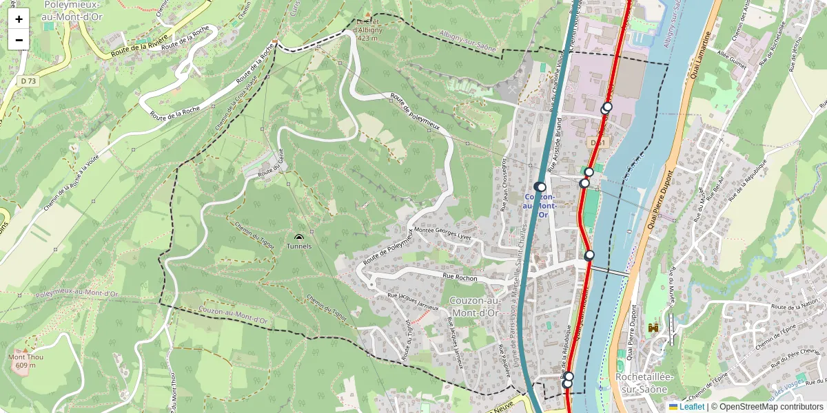 Carte du réseau de transport en commun à Couzon-au-Mont-d'Or - lignes de bus et arrêts