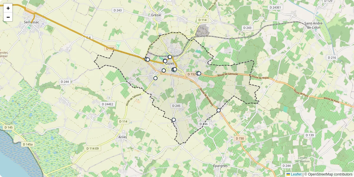 Carte du réseau de transport en commun à Cozes - lignes de bus et arrêts