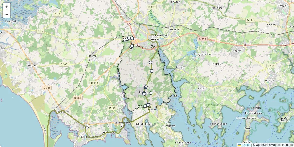 Carte du réseau de transport en commun à Crac'h - lignes de bus et arrêts