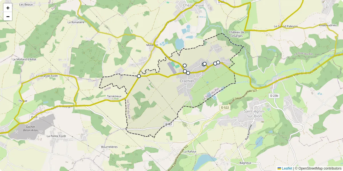 Carte du réseau de transport en commun à Crachier - lignes de bus et arrêts