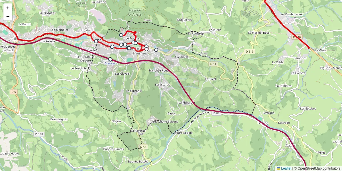 Carte du réseau de transport en commun à Cransac-les-Thermes - lignes de bus et arrêts