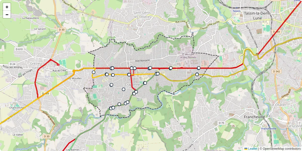 Carte du réseau de transport en commun à Craponne - lignes de bus et arrêts