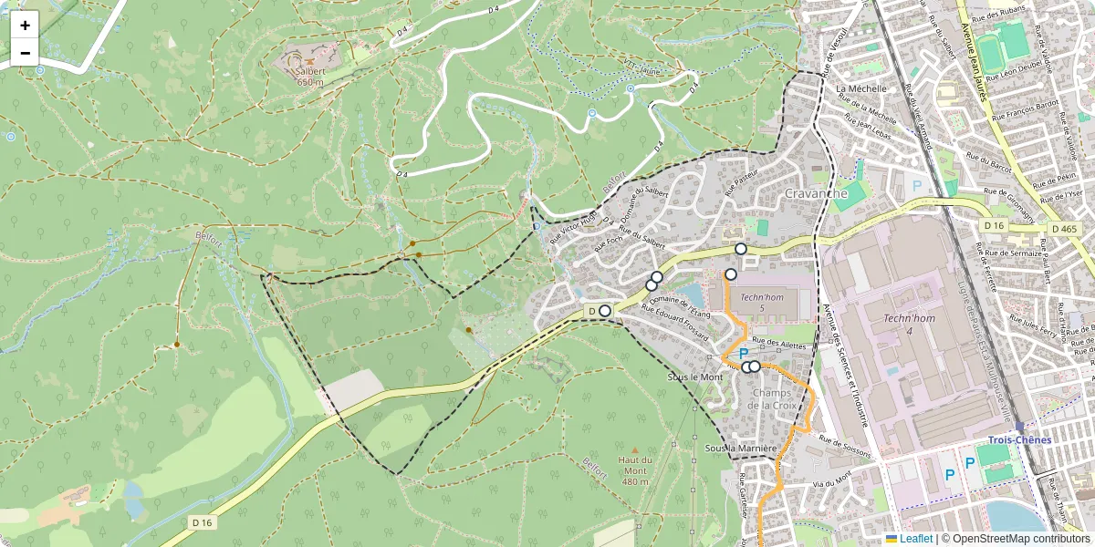Carte du réseau de transport en commun à Cravanche - lignes de bus et arrêts