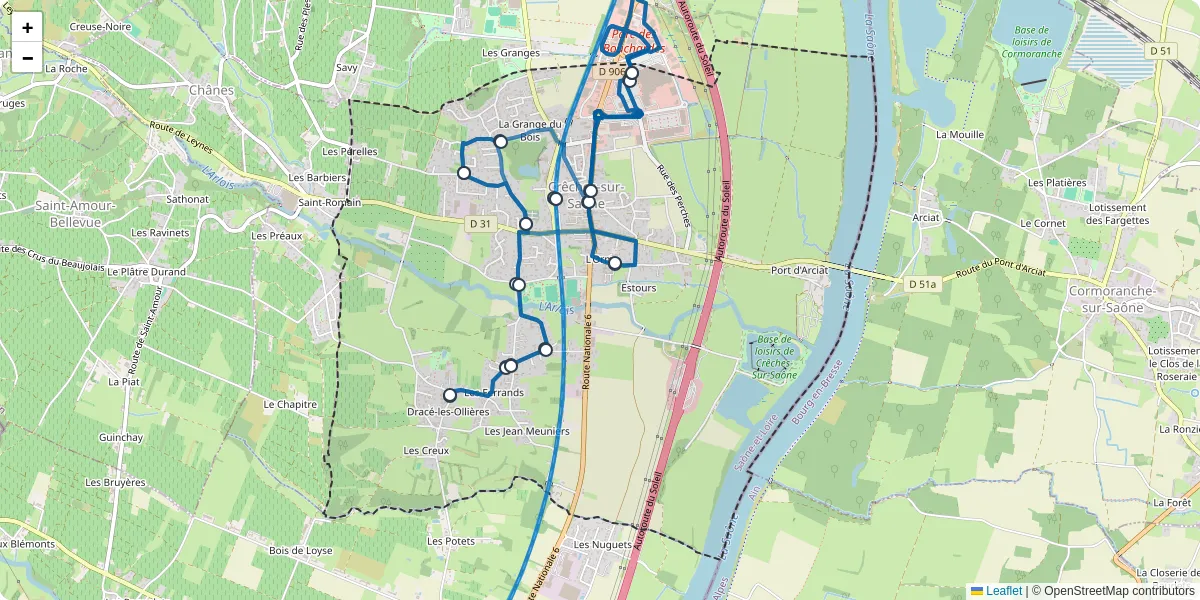 Carte du réseau de transport en commun à Crêches-sur-Saône - lignes de bus et arrêts