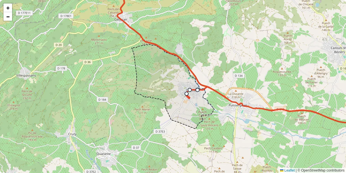 Carte du réseau de transport en commun à Creissan - lignes de bus et arrêts