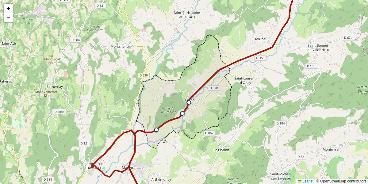 Carte du réseau de transport en commun à Crépol - lignes de bus et arrêts