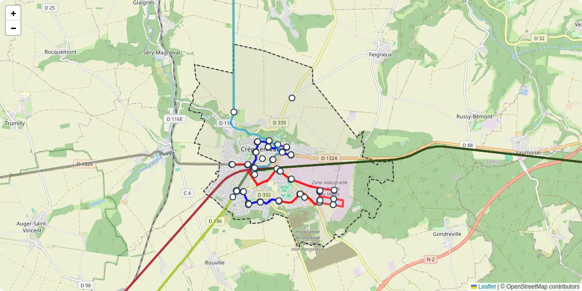 Carte du réseau de transport en commun à Crépy-en-Valois - lignes de bus et arrêts