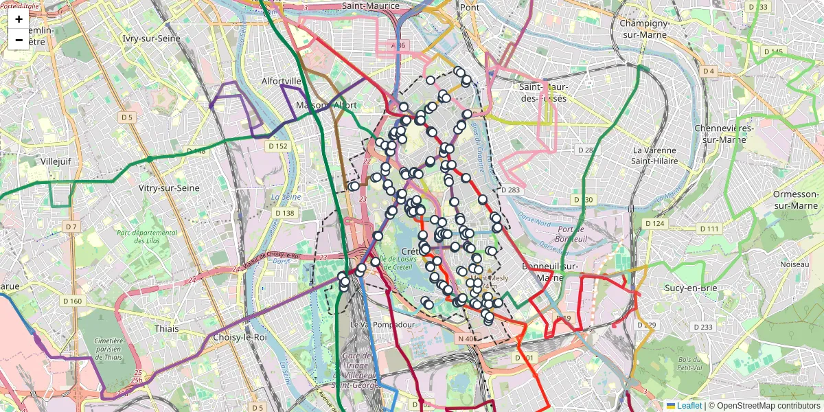 Carte du réseau de transport en commun à Créteil - lignes de bus et arrêts