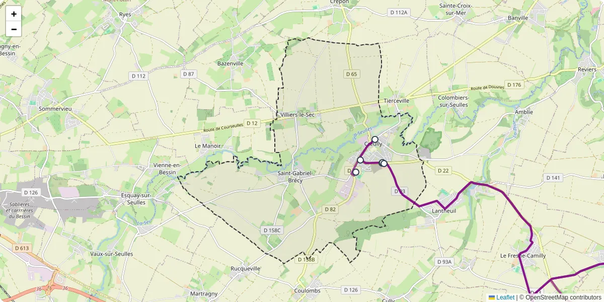 Carte du réseau de transport en commun à Creully sur Seulles - lignes de bus et arrêts
