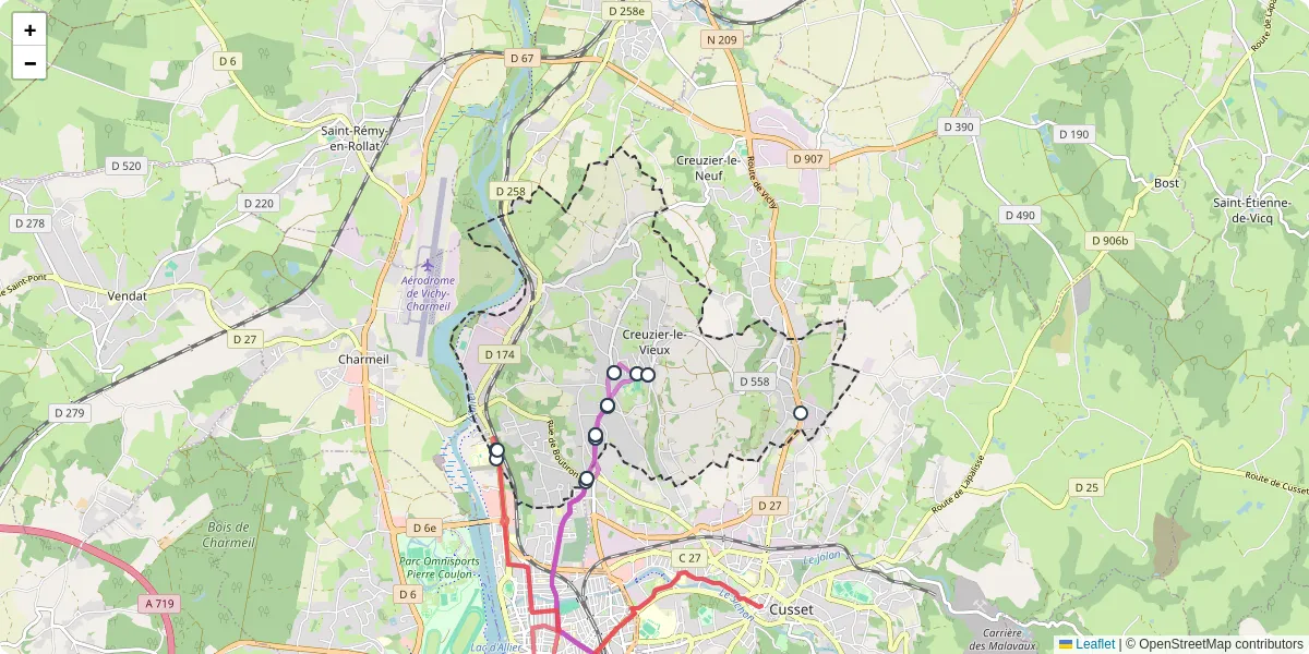 Carte du réseau de transport en commun à Creuzier-le-Vieux - lignes de bus et arrêts