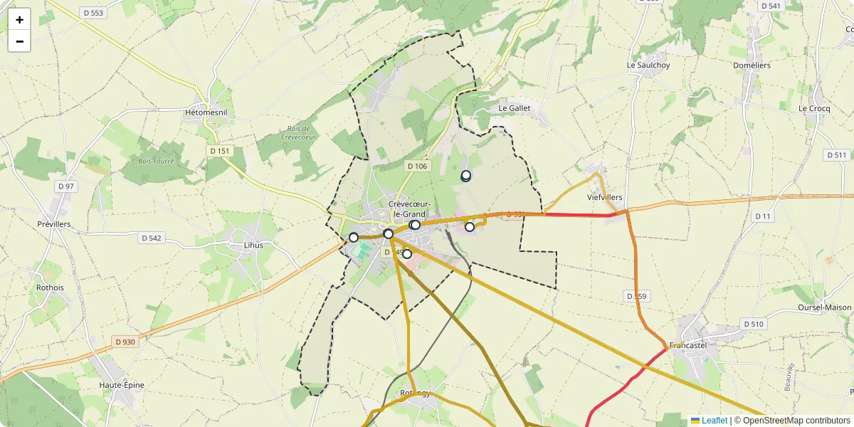 Carte du réseau de transport en commun à Crèvecœur-le-Grand - lignes de bus et arrêts