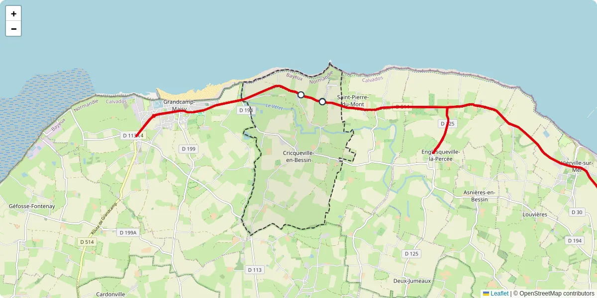 Carte du réseau de transport en commun à Cricqueville-en-Bessin - lignes de bus et arrêts