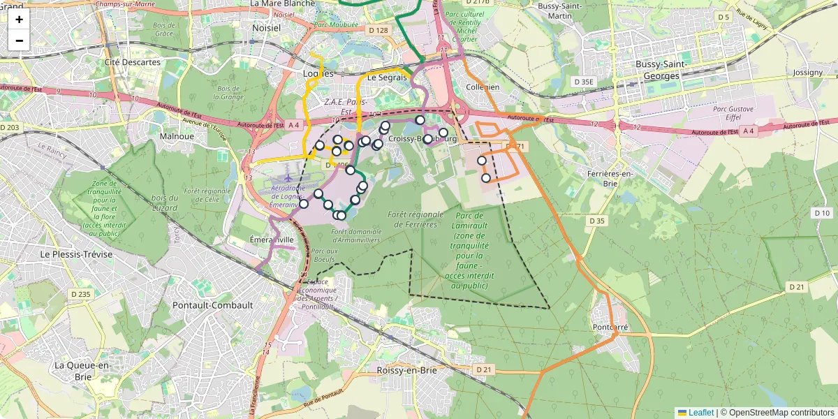 Carte du réseau de transport en commun à Croissy-Beaubourg - lignes de bus et arrêts