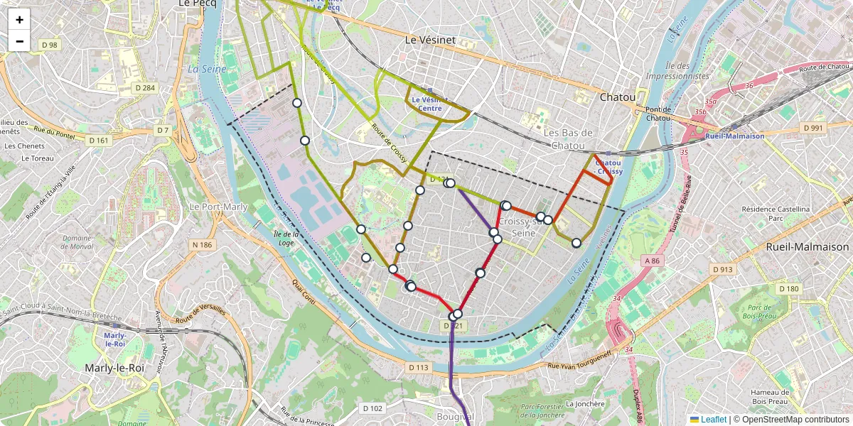 Carte du réseau de transport en commun à Croissy-sur-Seine - lignes de bus et arrêts