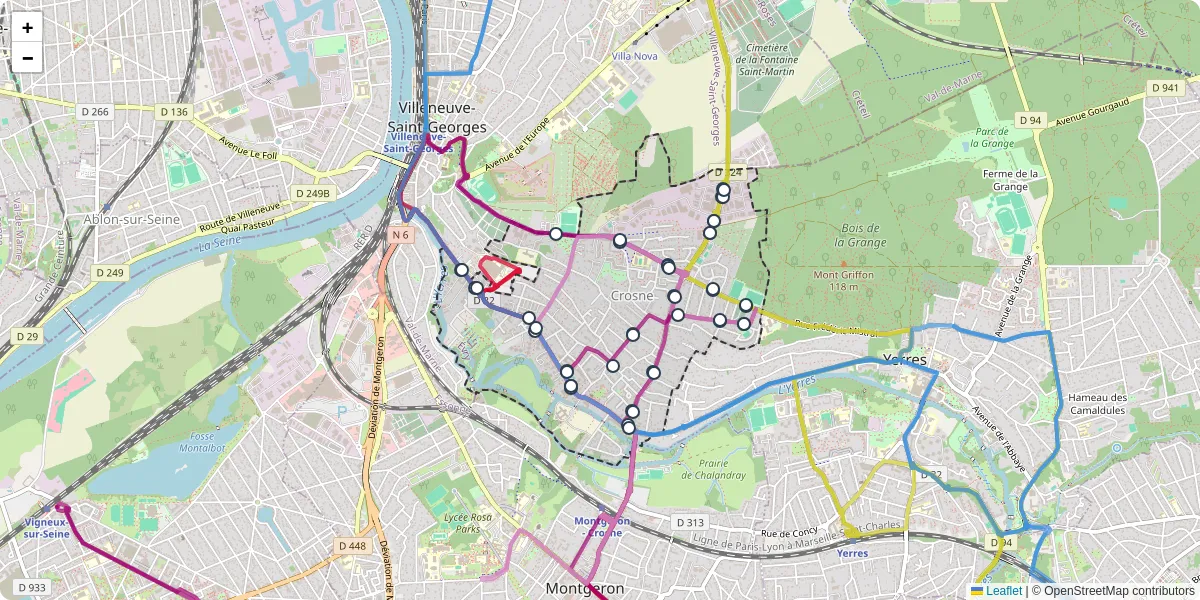 Carte du réseau de transport en commun à Crosne - lignes de bus et arrêts