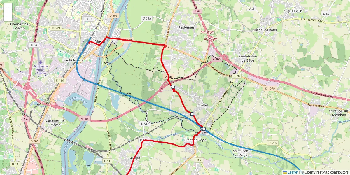 Carte du réseau de transport en commun à Crottet - lignes de bus et arrêts