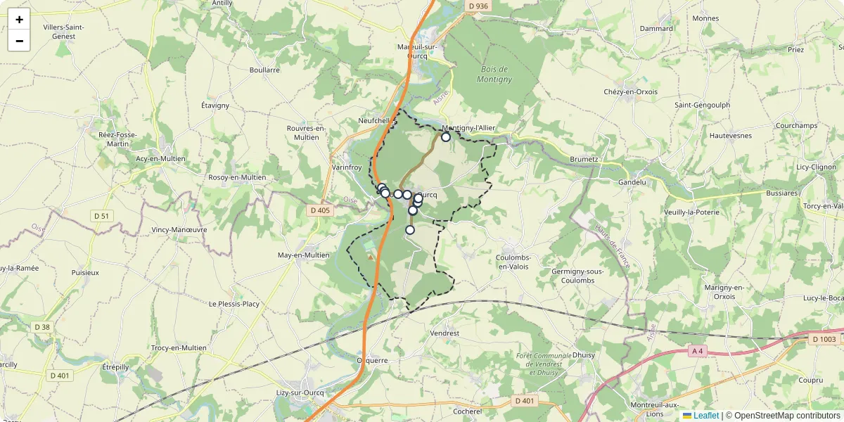 Carte du réseau de transport en commun à Crouy-sur-Ourcq - lignes de bus et arrêts