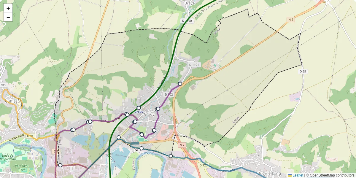 Carte du réseau de transport en commun à Crouy - lignes de bus et arrêts