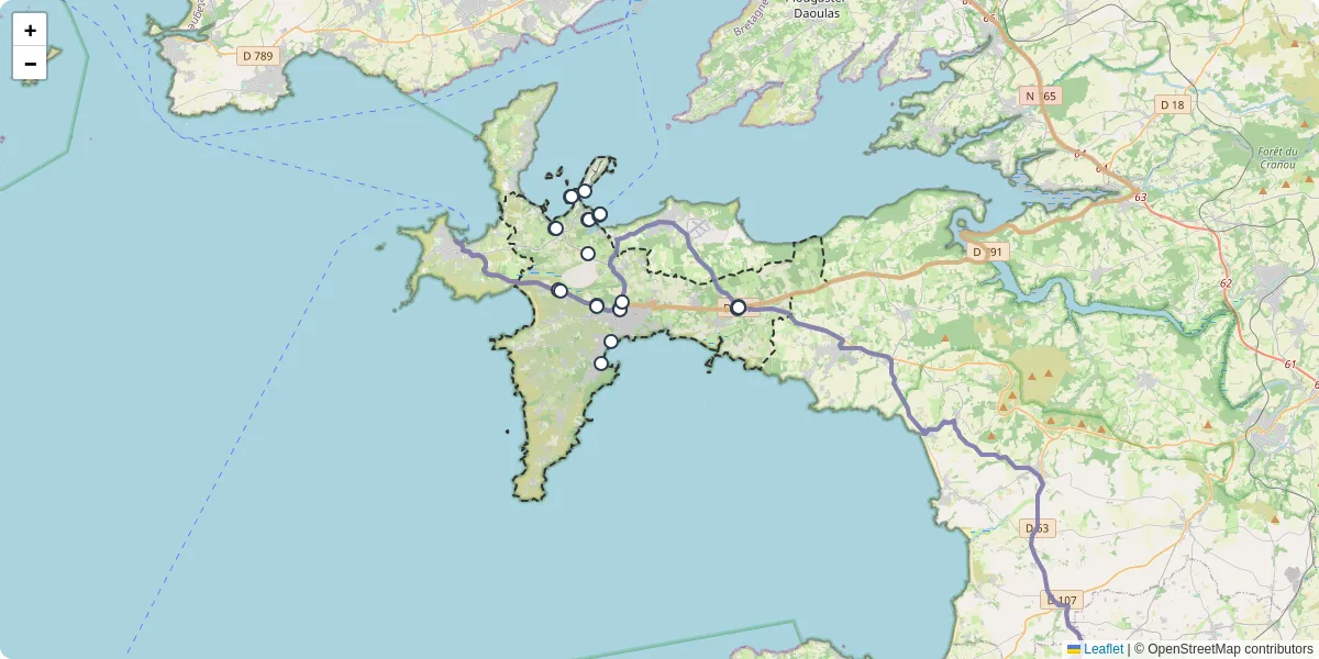 Carte du réseau de transport en commun à Crozon - lignes de bus et arrêts