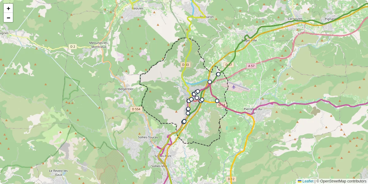 Carte du réseau de transport en commun à Cuers - lignes de bus et arrêts