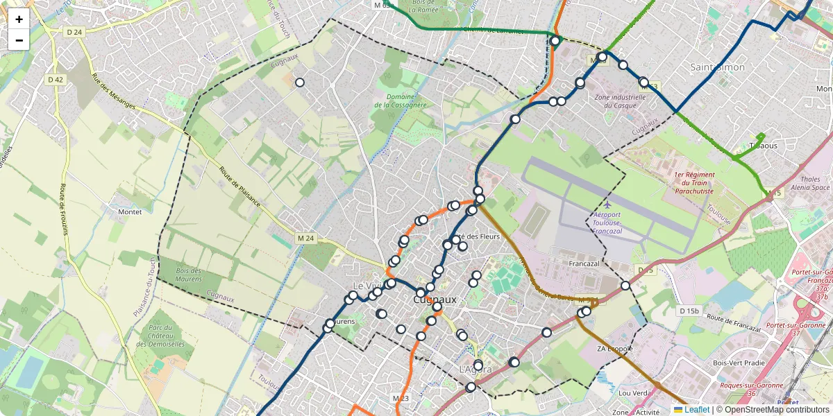 Carte du réseau de transport en commun à Cugnaux - lignes de bus et arrêts