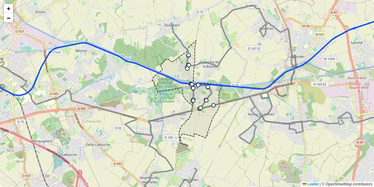 Carte du réseau de transport en commun à Cuinchy - lignes de bus et arrêts
