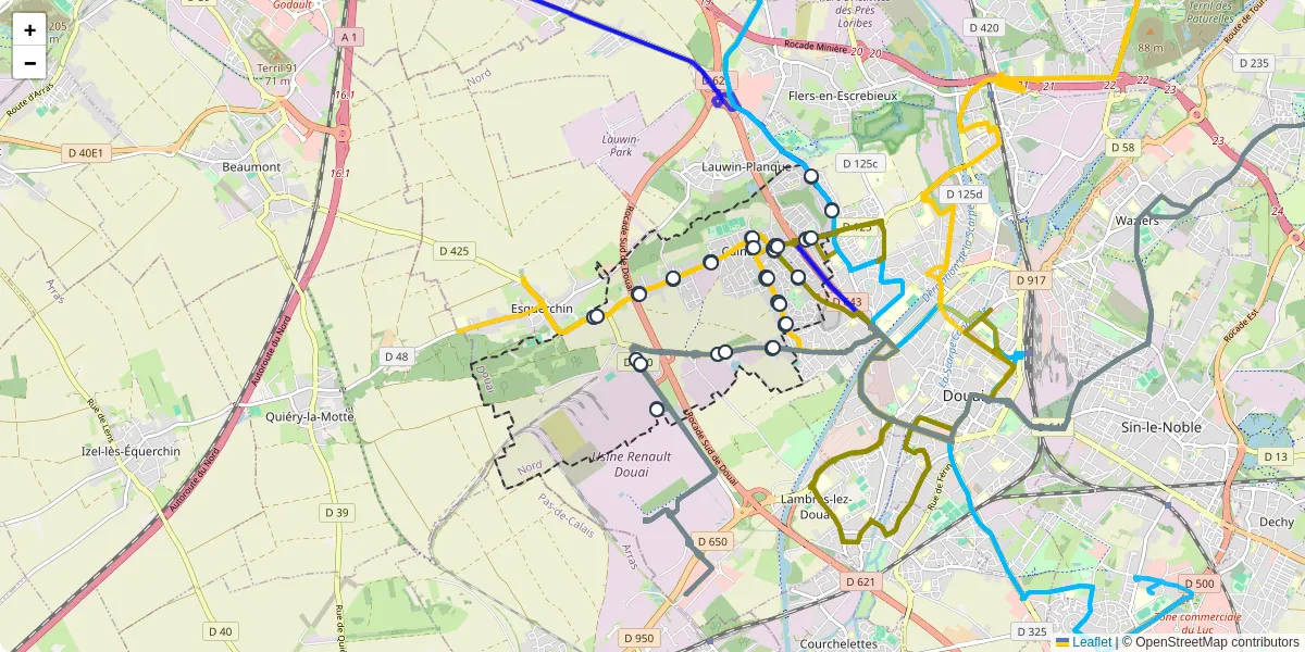 Carte du réseau de transport en commun à Cuincy - lignes de bus et arrêts