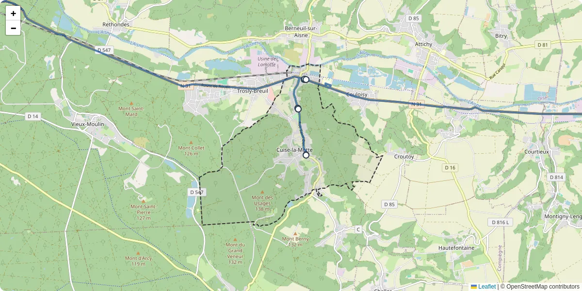 Carte du réseau de transport en commun à Cuise-la-Motte - lignes de bus et arrêts