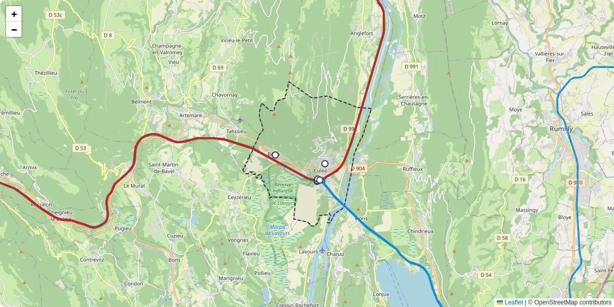 Carte du réseau de transport en commun à Culoz-Béon - lignes de bus et arrêts