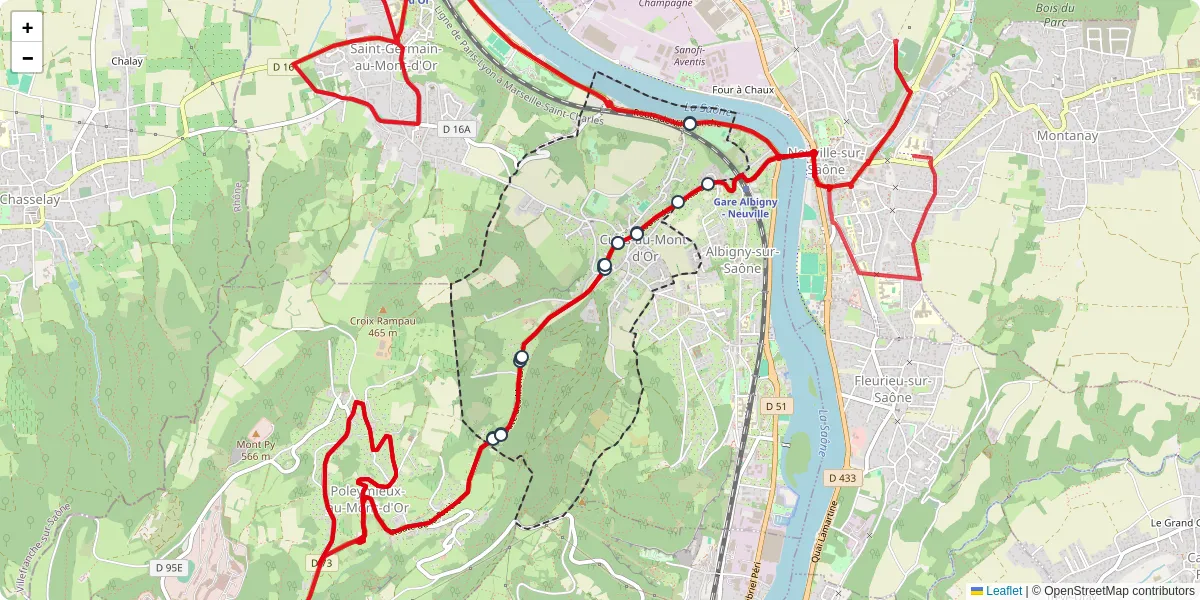 Carte du réseau de transport en commun à Curis-au-Mont-d'Or - lignes de bus et arrêts
